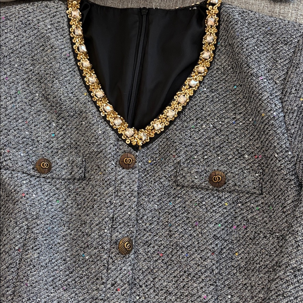 Gray Tweed Dress with Gold Accents - Picture 2 of 3